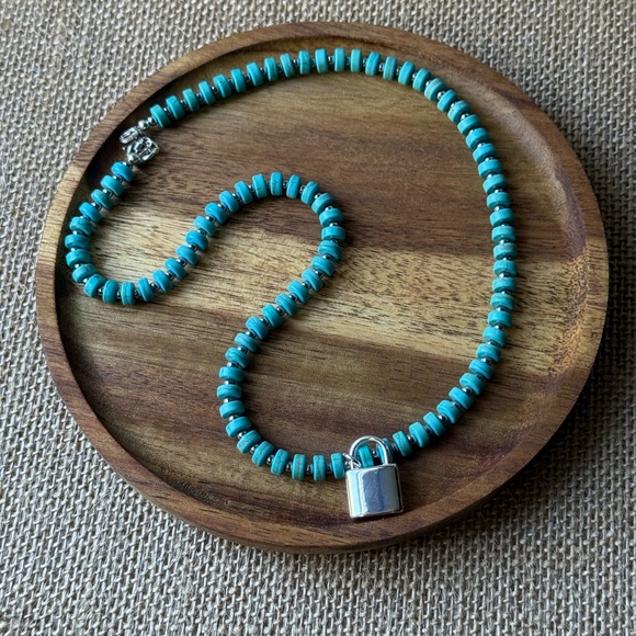 Turquoise Beaded Necklace with Silver Lock Pendant - Picture 2 of 2